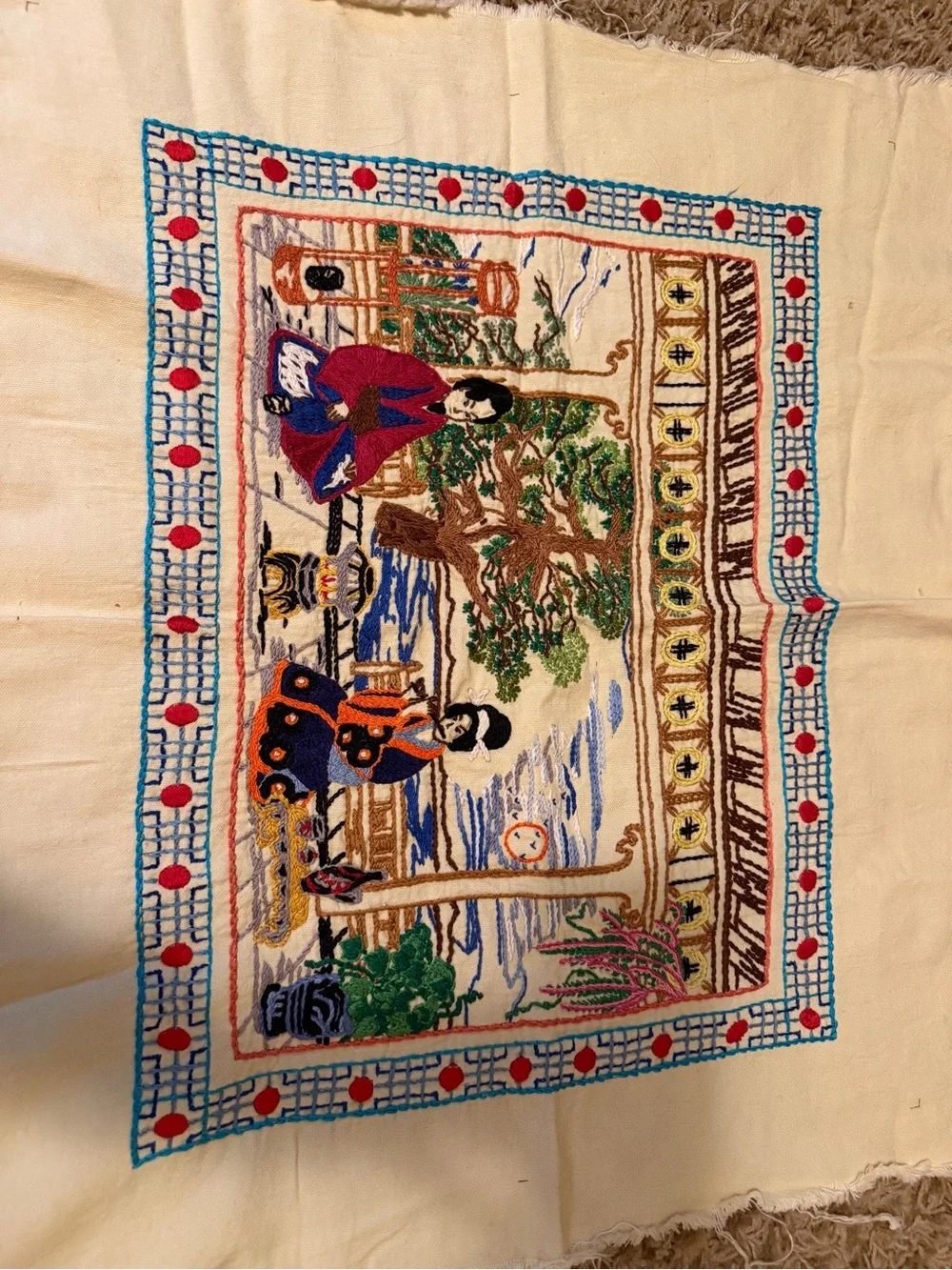 Vintage Japanese Chinese Asian Scene Embroidered Tapestry Needlework Art
